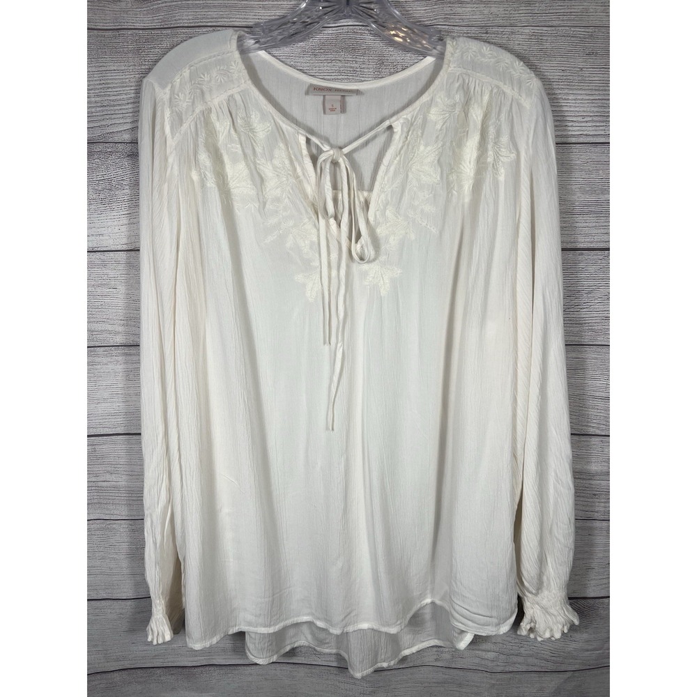 Knox Rose Women's Small Boho Peasant Blouse Embroidered Ivory